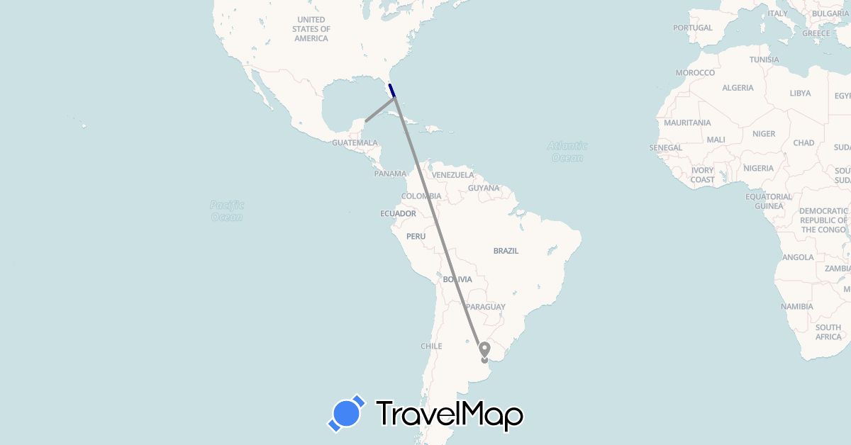 TravelMap itinerary: driving, plane in Argentina, Mexico, United States (North America, South America)